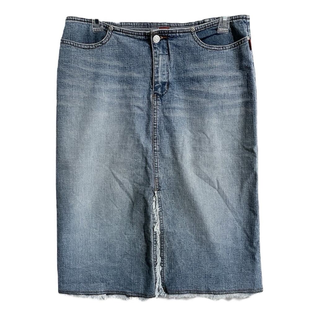 Y2K Smiths Dungarees Denim Low Rise Pencil Skirt Size 30 Blue Slit Raw Hem